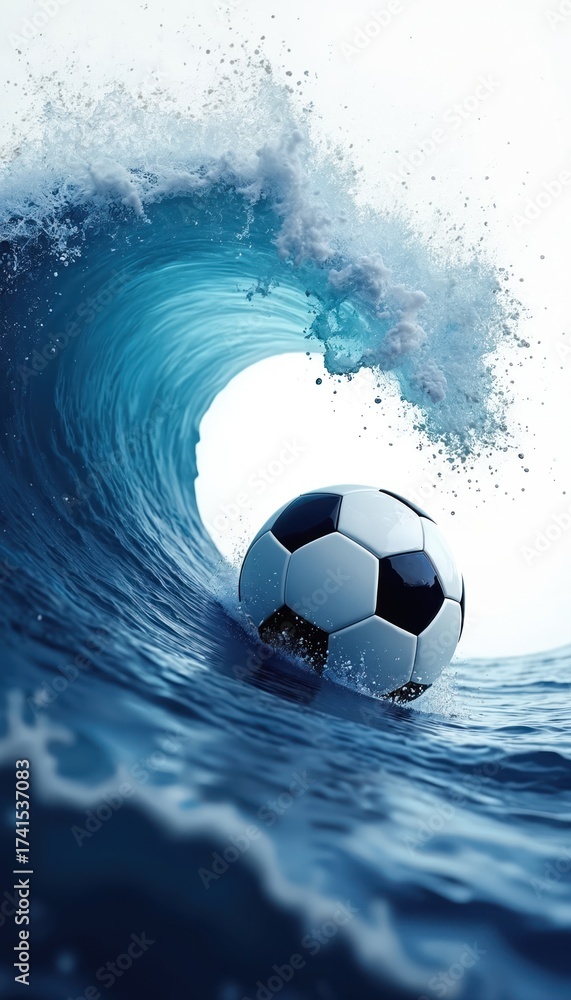 Naklejka premium Soccer ball sails through powerful wave. Blue sea creates dynamic sport scene. Water splash. Energy of competition flows like wave. Dynamic design for sports, advertisement of beach soccer, ocean
