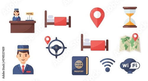Collection of flat design icons representing hotel services travel and connectivity on a plain backdrop