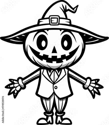 Pumpkin-headed scarecrow character, vector line art icon, black and white, white background