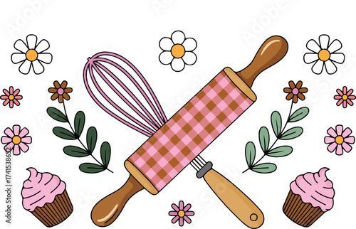 Cute Baking Tools and Cupcakes with Flowers – Colorful Vector Illustration