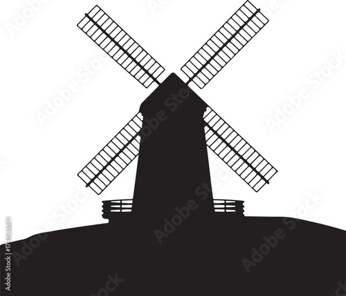 Windmill Silhouette on Hill Farm Landscape Rural Scene Wind Energy Grinding Grain Landmark Traditional Architecture Mill Blades Turning