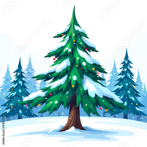Snow-covered pine tree decorated with Christmas lights, festive winter evergreen illustration symbolizing peace and holiday spirit
