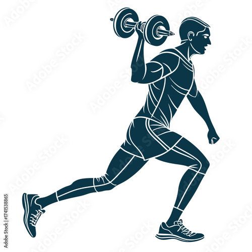 Dynamic Vector Illustration of a Male Athlete Lunging with a Dumbbell Demonstrating Strength Training and Fitness With Stylized Lines Outlining Form and Movement, Evoking Health and Exercise.