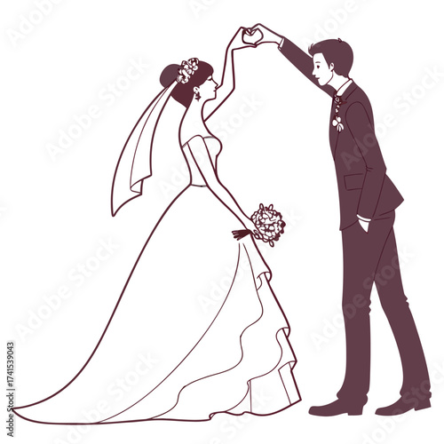Elegant Wedding Illustration of a Bride and Groom Sharing a Heartwarming Moment Depicting Newlyweds in Love Silhouette Artwork Showcasing Romance Wedding Day Bliss.