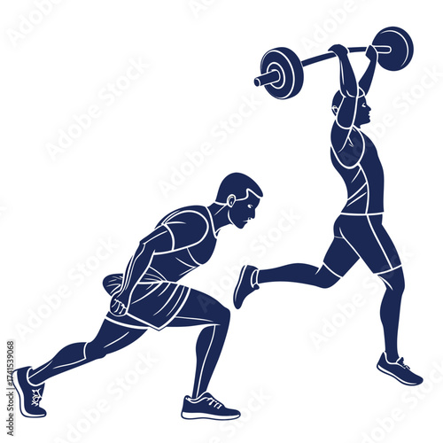 Dynamic Duo of Fitness Training Bodyweight Lunge and Weightlifting, a Silhouette Portrayal of Men Achieving Optimal Health Through Lunges and Power lifting Movements, showcasing dedication to Wellness
