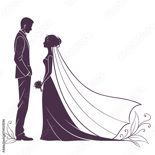 Elegant Wedding Silhouette a Captivating Celebration of Love and Commitment Depicting the Tender Moment Between a Groom and Bride in Their Wedding Attire.