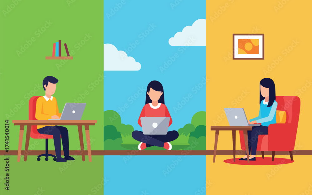 Fototapeta premium Remote Team Working Online flat style illustration