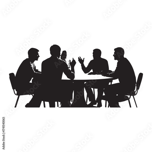 Black Silhouette Vector Illustration of People Discussing at Round Table