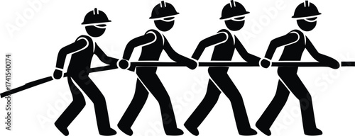 Black Silhouette of Four Construction Workers Pulling a Long Bar Together team teamwork