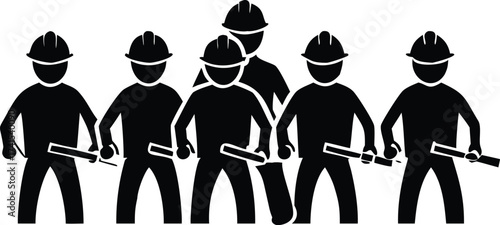 Black Silhouette of Six Construction Workers Standing Together Holding Tools group