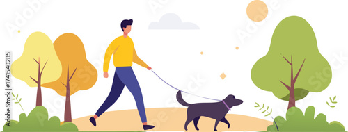 Man walking a black dog on a leash in a park with trees and bushes on a white background