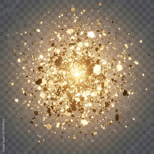 A mesmerizing explosion of golden confetti, radiating light and energy. A symbol of celebration, joy, and brilliance in a vivid display of luminosity. vector png illustration