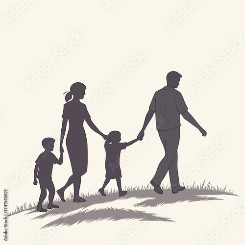 A Family's Silhouette Stroll A Peaceful Walk Together in the Outdoors A Harmonious Family Bonding Moment A Heartwarming Depiction of Familial Love and Togetherness An.