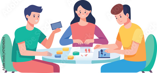 Three Friends Engaged in a Tabletop Game with Cards and Pieces people playing