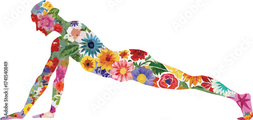 Woman's Body Silhouette Filled with Colorful Flowers in Yoga Pose vector illustration