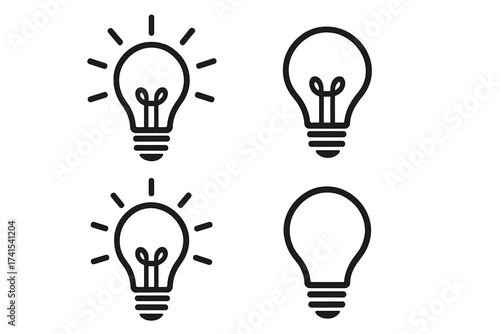 Light bulb icon set. Line art pictograph collection. Concept for idea, innovation, creativity, solution, and inspiration. Energy and electricity symbol. On and off state.