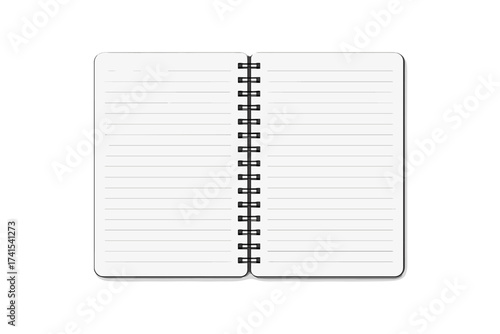 Realistic lined spiral notebook template with shadow on white background. Vector illustration of an empty diary or journal for stationery, school, or business mockup design.