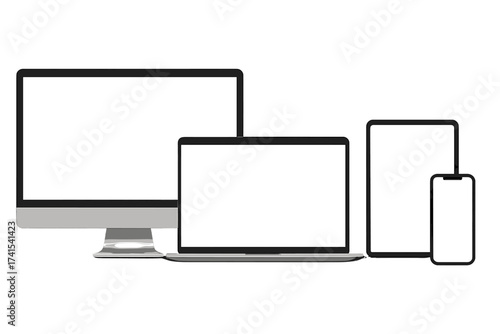 Realistic device mockup set. Computer monitor, laptop, tablet, smartphone with blank white screen. Modern electronic gadgets for responsive web design presentation. Vector template.