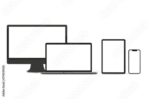 Realistic device mockup set. Computer monitor, laptop, tablet, and mobile phone with empty white screens. Various modern electronic gadgets isolated on white background. Vector.