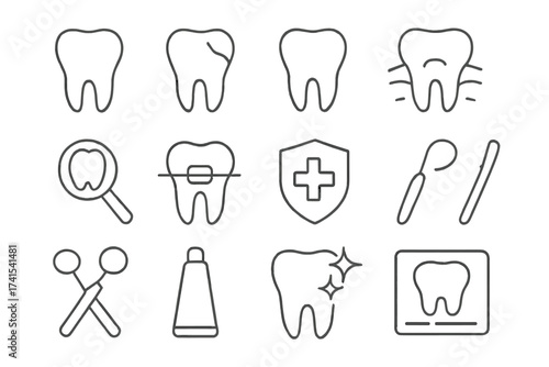 Dentistry medical line icons set. Tooth care, stomatology, orthodontics. Dental clinic concepts. Toothache, caries, braces, whitening, xray, implant, surgery vector.