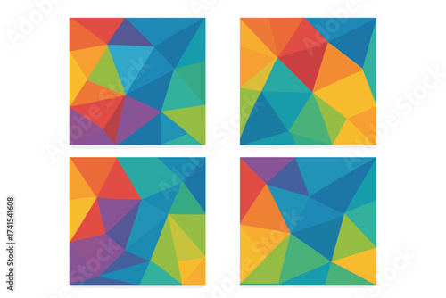 Set of colorful abstract backgrounds. Polygonal texture collection. Low poly pattern vector graphic. Modern geometric design. Crystal facets. Vibrant rainbow color spectrum.