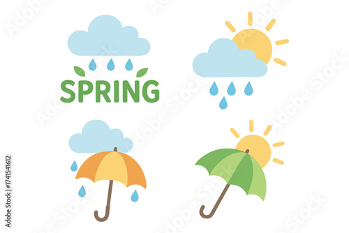 Spring weather icon set. Sun and rain concept. Umbrella protecting from raindrops and sunshine. Flat vector illustration collection. Meteorology forecast symbols for good and bad weather.