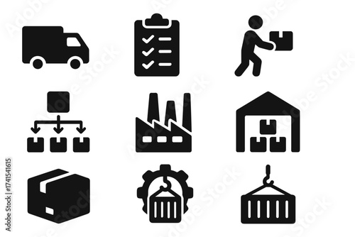 Supply chain management icon set. Logistics and shipping solid icons. Delivery truck, factory, warehouse, distribution, cargo container, box, shipment. Vector glyph collection.