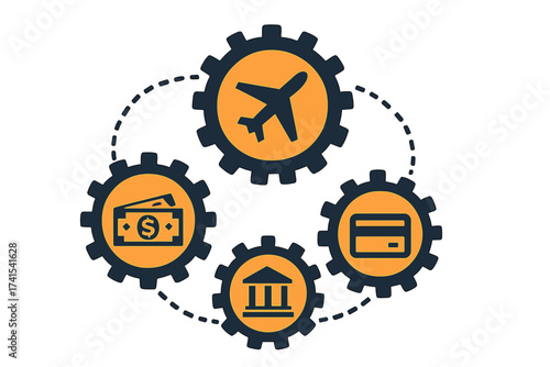 Travel finance concept. Gears with airplane, money, bank, and credit card icons. Payment system for booking flights and travel expenses. Financial services for tourism vector.