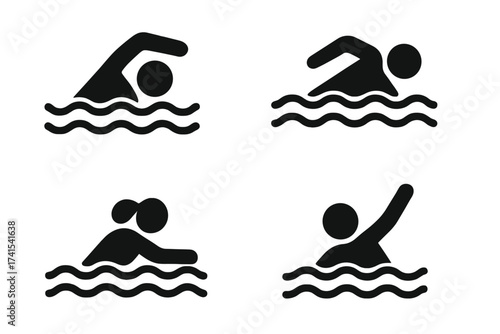 Swimming person vector icon set. Swimmer in water, sea, or pool symbol collection. Summer holiday leisure activity, sport, and exercise pictograms. Man drowning and needs help.