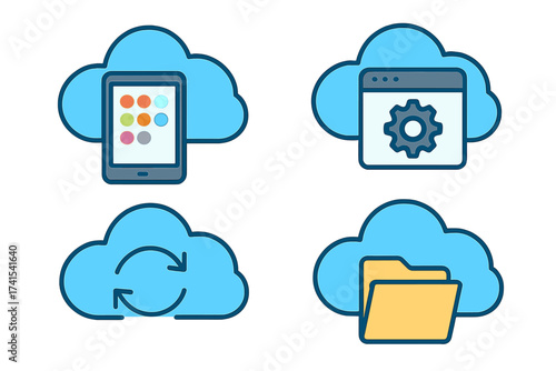 Cloud computing service icon set. Vector collection of cloud technology concepts. Mobile app, software settings, data sync, and file storage folder symbols for web and mobile.