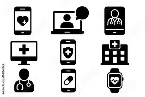 Telemedicine solid icon set. Telehealth, virtual consultation, online doctor, remote healthcare symbols. Medical app, smart hospital, and health tech glyph vector icons.