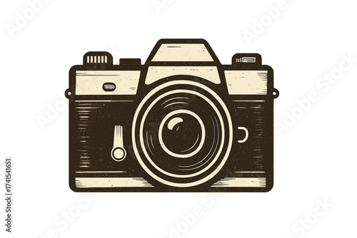Vintage photo camera icon vector illustration. Retro photography symbol with grunge texture. Old classic analog film camera graphic design element. Isolated photographer logo.