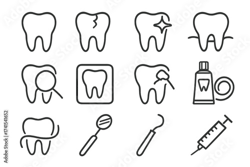 Dentistry line icon set. Teeth, dental care, oral hygiene, stomatology symbols. Tooth treatment, cavity, braces, floss, x-ray, dental tools. Vector outline pictogram collection.
