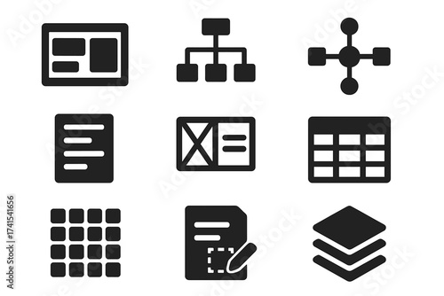 Solid glyph icon set for UI and UX design. Collection of vector icons for web layout, wireframe, flowchart, diagram, sitemap, table, grid, form, and editable layers.