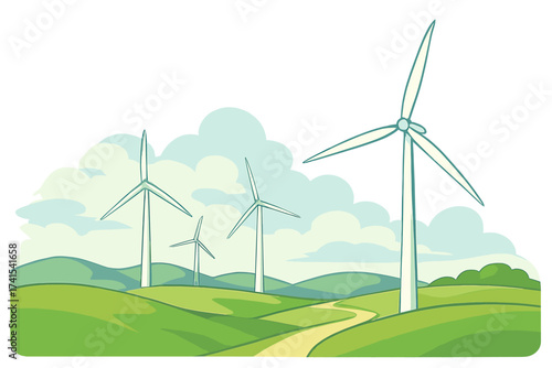 Wind turbines farm landscape vector illustration. Renewable green energy concept. Sustainable power production from wind. Eco friendly technology in nature countryside scene.