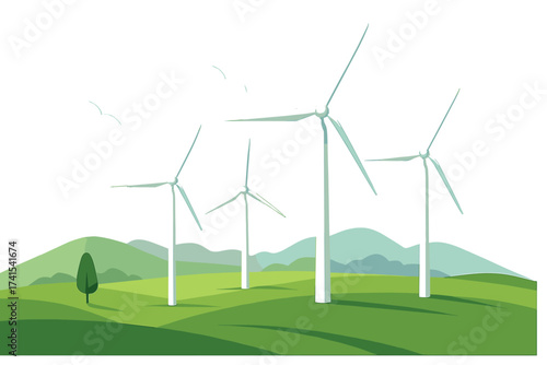 Wind turbines on green hills landscape. Vector illustration of a wind farm. Renewable energy concept. Sustainable technology for electricity generation. Green power, eco friendly.