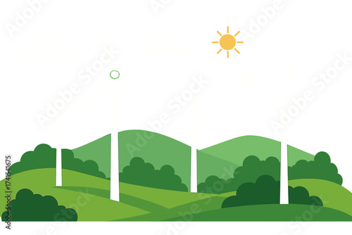 Wind Turbines Farm Landscape Vector Illustration with Green Hills, Clean Energy Concept, Renewable Power Station, Eco-Friendly Environment, Sustainable Energy Generation