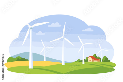 Wind turbines farm landscape vector illustration with transparent background, renewable energy windmills on green hills, eco-friendly farm, sustainable power concept