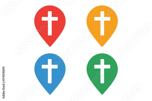 Colorful Christian cross map pins, religious location markers, faith and spirituality symbols, navigation icons, vector illustration, multi-color set for design and mapping