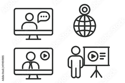 Webinar icon set. Web seminar and online event symbols. Webcast, business training, and e-learning concept. Vector line icons for video conference, online course, and presentation.