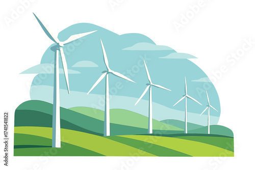 Wind turbines on green hills landscape. Vector for renewable, sustainable, and eco-friendly energy production. Clean power technology, future innovation concept. Isolated.