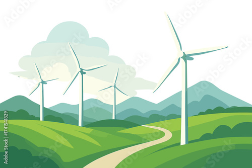 Wind turbines on green hills landscape. Vector illustration of a wind farm for renewable energy. Sustainable technology, clean power generation, and ecological conservation concept.