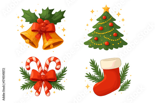 Christmas elements collection. Vector icon set with jingle bells, decorated tree, candy cane and stocking. Holiday clip art for greeting card, sticker, poster design.