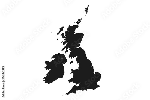 UK and Ireland map silhouette. Great Britain and Ireland vector graphic icon. Black shape of British Isles, England, Scotland, Wales. Geography and travel concept illustration.