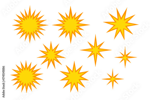 Vector starburst sunburst shapes set. Yellow orange comic explosion flash icons. Cartoon bang boom effect. Sales sticker, price tag, promotion or award label. Star icon.