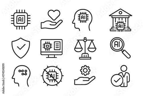 AI ethics line icon set. Artificial intelligence concepts like responsible and ethical AI, governance, transparency, fairness, bias, accountability, security, and trust. Editable stroke.