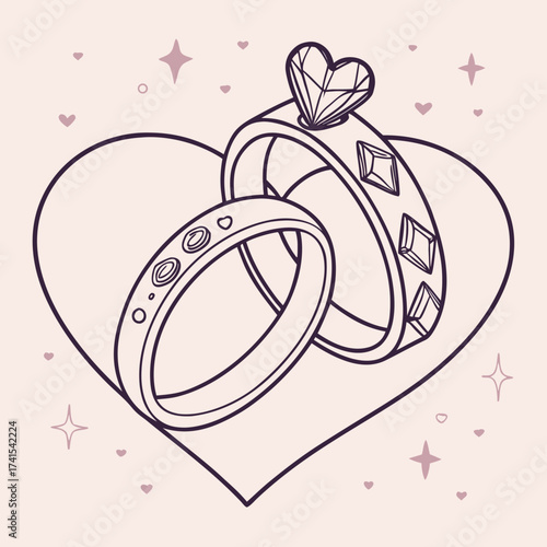 Wedding rings on a heart with decorative elements engagement rings