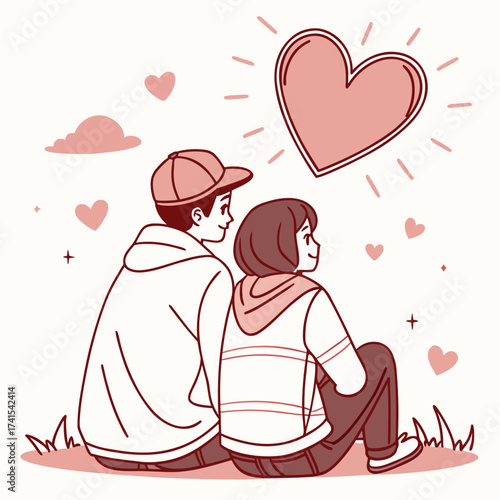 Young couple sitting in grass with hearts and glowing heart