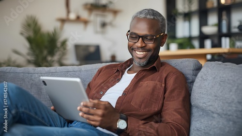 An older man with glasses smiles down at a tablet, sitting comfortably on a gray sofa in his home.