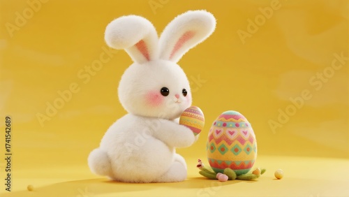 Wallpaper Mural A cute, fluffy white 3D bunny character sits holding a small, decorated Easter egg, next to a larger, beautifully patterned egg. Torontodigital.ca
